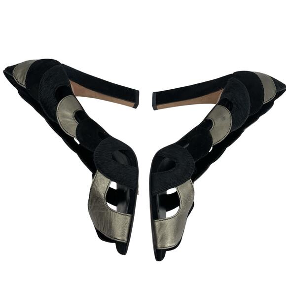 STEVEN Steve Madden Size 6.5 Suede Leather Cutout High Heels Black Silver Fur - Picture 5 of 9